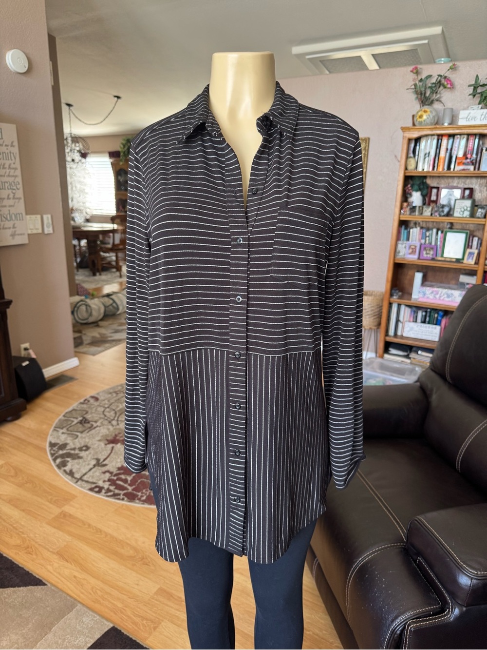 Apt. 9 Black and White Striped Button-Down Tunic Shirt-size M